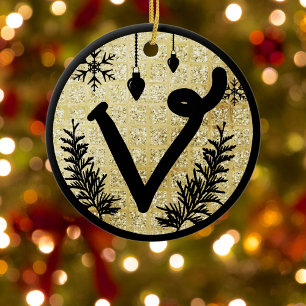Christmas Monogram Letter V Black Gold Glitter Ceramic Ornament