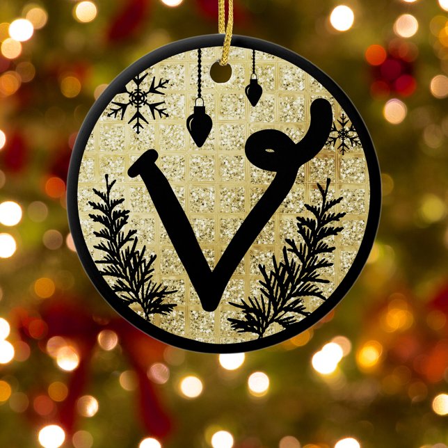 Christmas Monogram Letter V Black Gold Glitter Ceramic Ornament (Creator Uploaded)