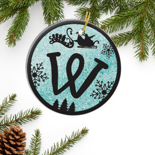 Christmas Monogram Letter W Black Blue Glitter Ceramic Ornament