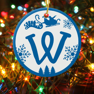 Christmas Monogram Letter W Blue White Ceramic Ornament