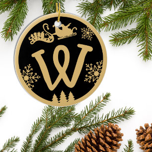Christmas Monogram Letter W Gold Black Ceramic Ornament