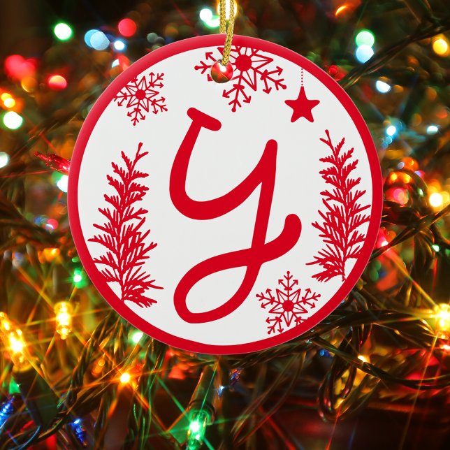 Christmas Monogram Letter Y Red White Ceramic Ornament (Creator Uploaded)