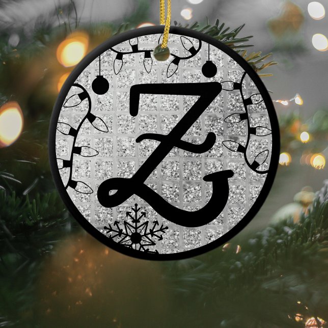 Christmas Monogram Letter Z Black Silver Glitter Ceramic Ornament (Creator Uploaded)