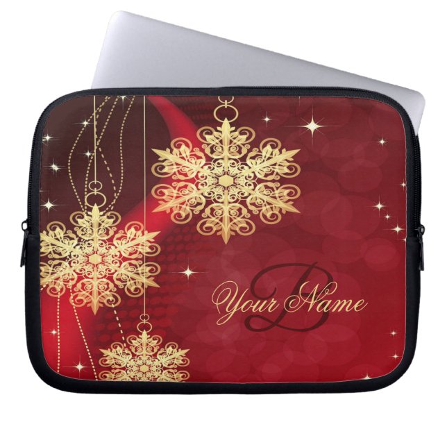 Christmas Monogram Name Red Golden Snowflakes Gift Laptop Sleeve (Front)