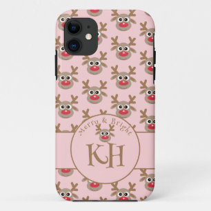 Christmas Monogram Pink Cute Reindeer Pattern iPhone 11 Case