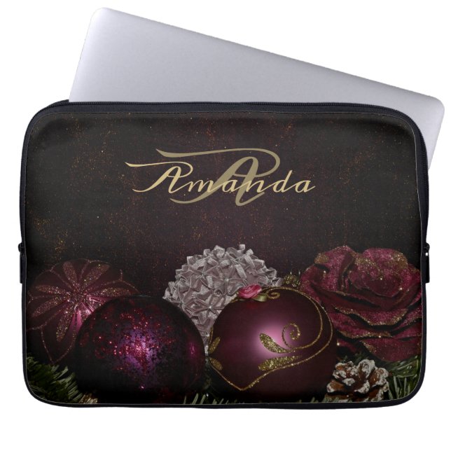 Christmas Monogram Pink Ornament Green Black Laptop Sleeve (Front)