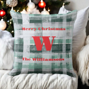 Christmas monogram plaid tartan green white red  cushion