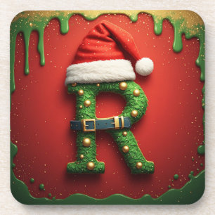 Christmas Monogram R with Santa Hat – Holiday Gift Coaster