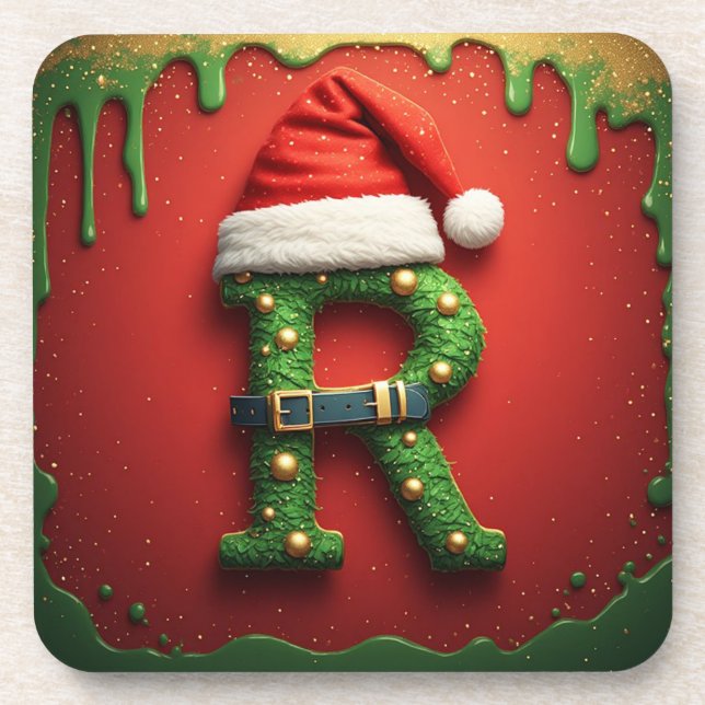 Christmas Monogram R with Santa Hat – Holiday Gift Coaster (Front)