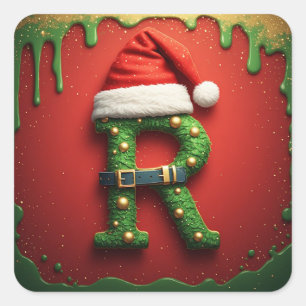 Christmas Monogram R with Santa Hat – Holiday Gift Square Sticker