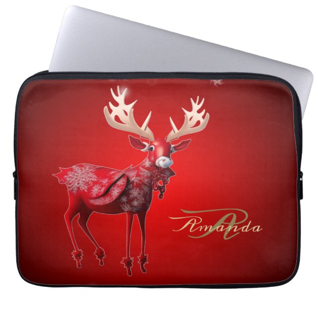 Christmas Monogram Red Reindeer Winter Holidays Laptop Sleeve (Front)