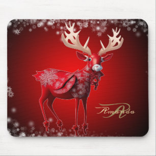 Christmas Monogram Red Reindeer Winter Holidays Mouse Pad