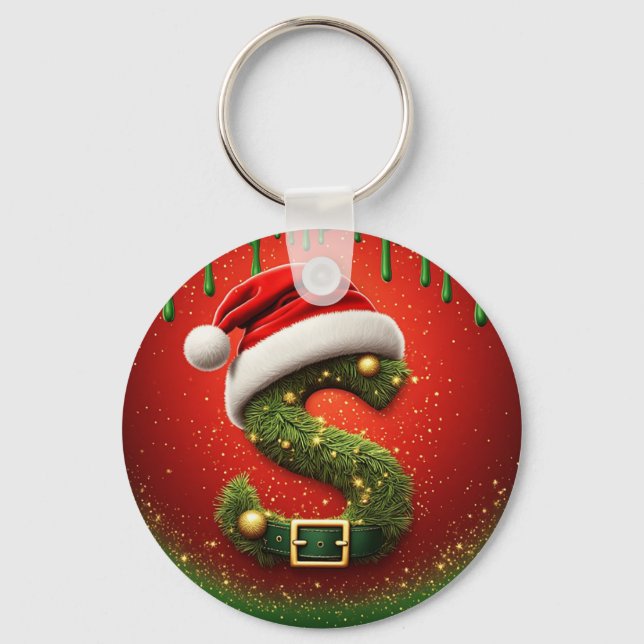 Christmas Monogram S with Santa Hat Holiday Gift Key Ring (Front)