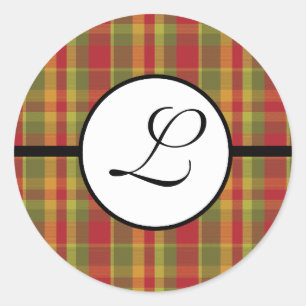 Christmas Monogram Sticker Plaid Red Green Tan