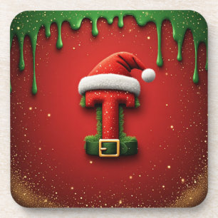Christmas Monogram T with Santa Hat Holiday Gift Coaster