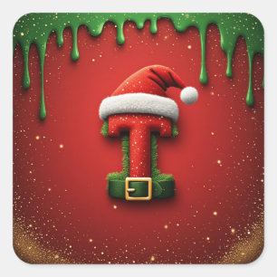 Christmas Monogram T with Santa Hat Holiday Gift Square Sticker