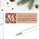 Christmas Monogram Tan Tartan Plaid Return Address Return Address Label<br><div class="desc">Holiday return address label design features a rustic elegant beige,  tan,  brown,  and red tartan plaid pattern detail with monogram initial and custom return address that can be personalised for your family.</div>
