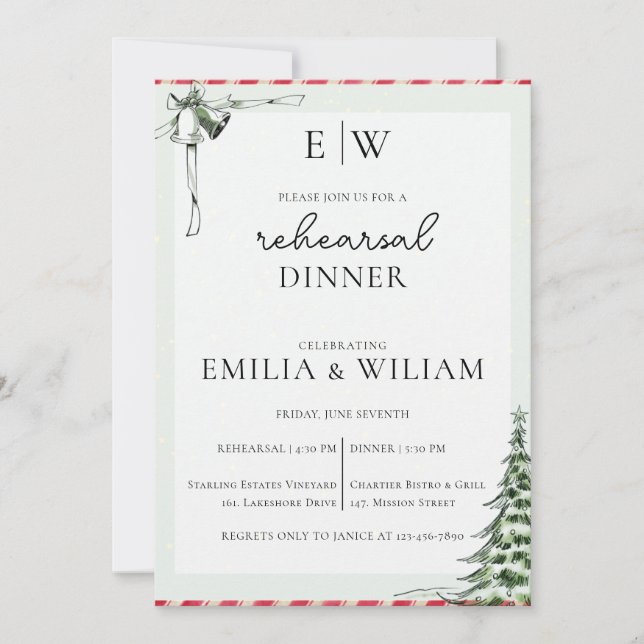 Christmas Monogram Wedding Rehearsal Dinner Card (Front)