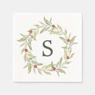 Christmas Monogram Winter Greenery Leaves Berries Napkin