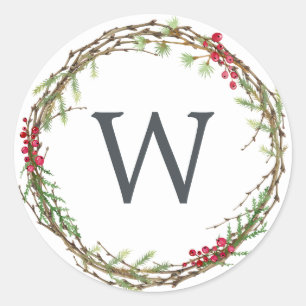 Christmas Monogram Winter Greenery Wreath Berries Classic Round Sticker