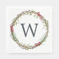 Christmas Monogram Winter Greenery Wreath Berries