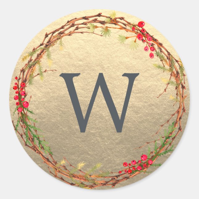 Christmas Monogram Winter Greenery Wreath Gold Classic Round Sticker (Front)