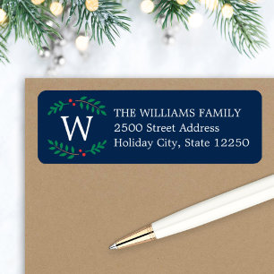 Christmas Monogram Wreath Navy Blue Return Address Label