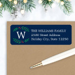 Christmas Monogram Wreath Navy Blue Return Address Return Address Label<br><div class="desc">Dress up your envelopes in style this holiday season!  The label design features a custom monogram initial design with festive green and red Christmas holly greenery wreath with berries and white return address text that can be personalised.</div>