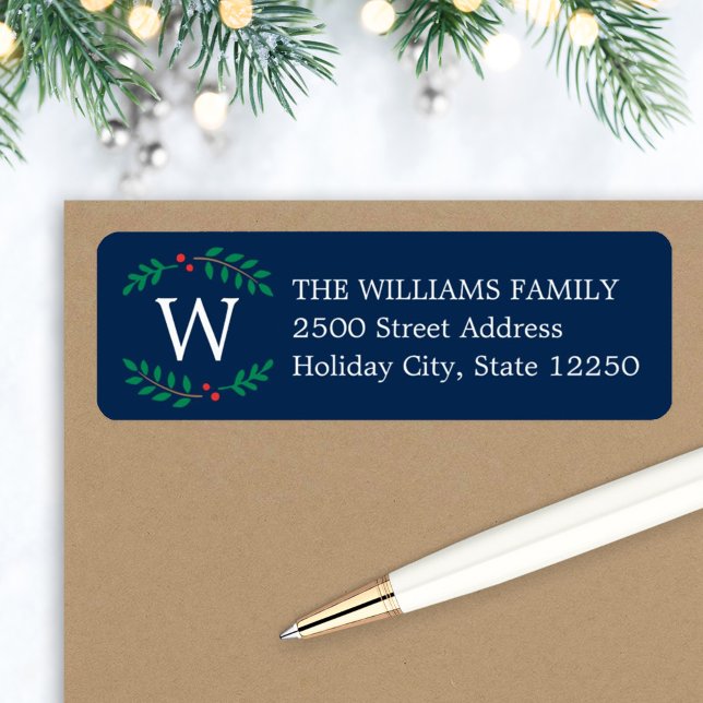 Christmas Monogram Wreath Navy Holiday Address Return Address Label (Creator Uploaded)