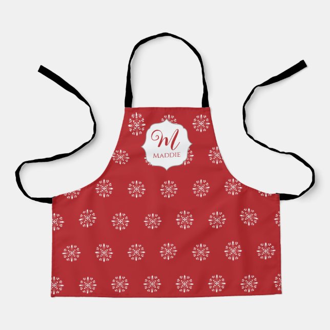 Christmas Monogrammed Cute Simple Snowflake Red Apron (Front)