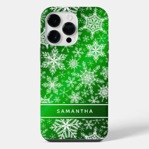 Christmas Monogrammed Green White Snowflakes iPhone 14 Pro Max Case