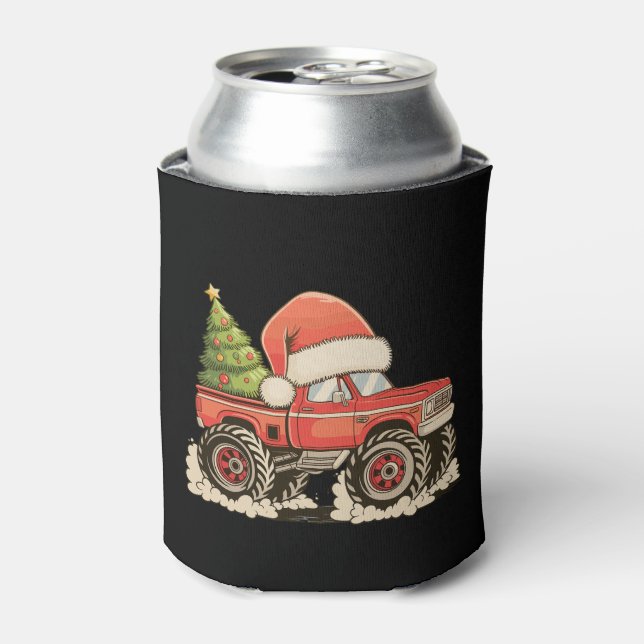 Christmas Monster Truck Santa Hat Xmas Holiday Can Cooler (Can Front)