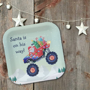 Christmas Monster Truck Santa Paper Plate