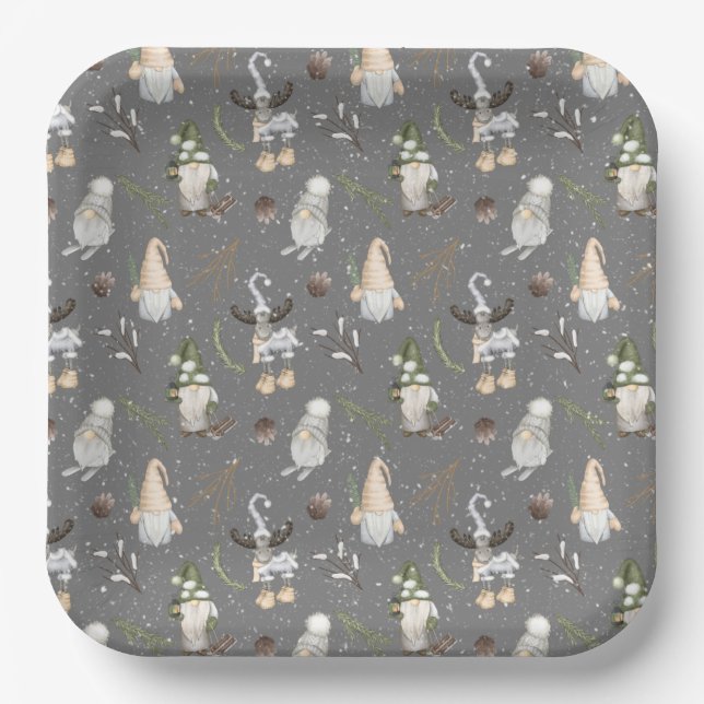 Christmas Moose and Gnomes Paper Plate (Front)