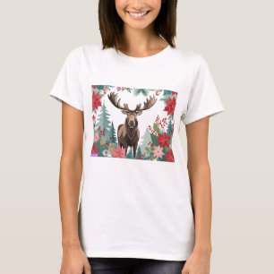Christmas Moose And Poinsettias T-Shirt