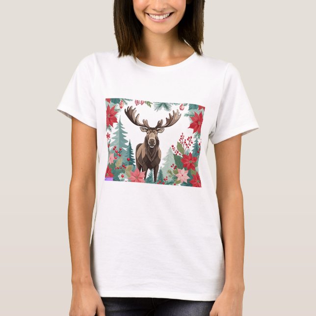 Christmas Moose And Poinsettias T-Shirt (Front)