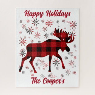 Christmas Moose classic red plaids snowflakes  Jigsaw Puzzle