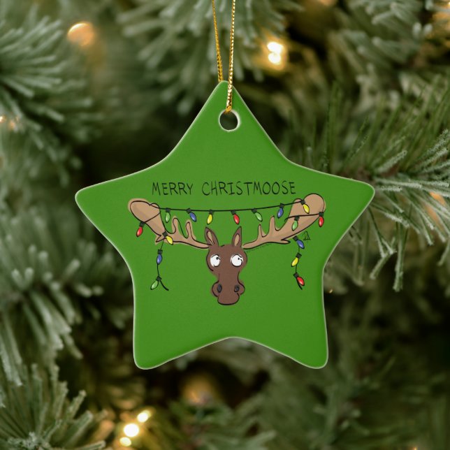 Christmas Moose Cute Funny Christmoose Ceramic Ornament (Tree)