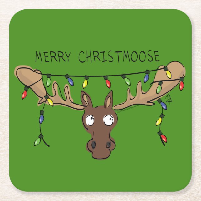 Christmas Moose Cute Funny Christmoose Square Paper Coaster (Front)