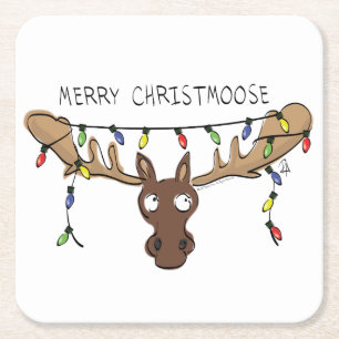 Christmas Moose Cute Funny Holiday Animal Square Paper Coaster