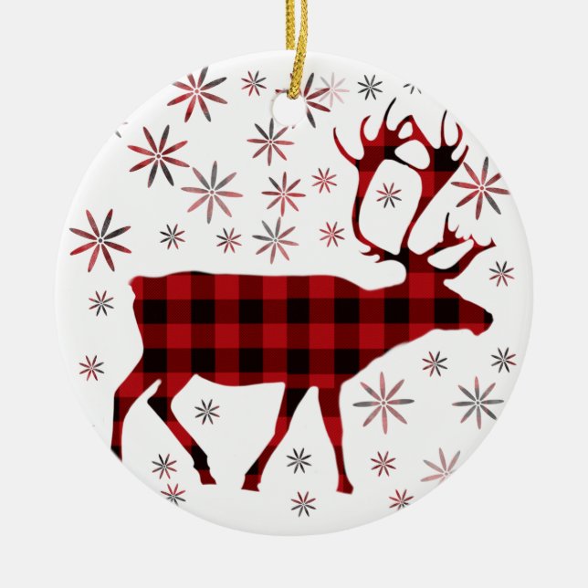 Christmas Moose, deer, elk, caribou, red plaids  Ceramic Ornament (Front)