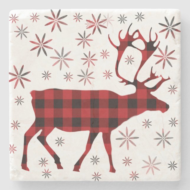 Christmas Moose, deer, elk, caribou, red plaids  Stone Coaster (Front)