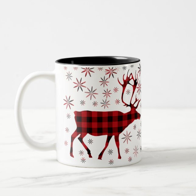 Christmas Moose, deer, elk, caribou, red plaids  Two-Tone Coffee Mug (Left)
