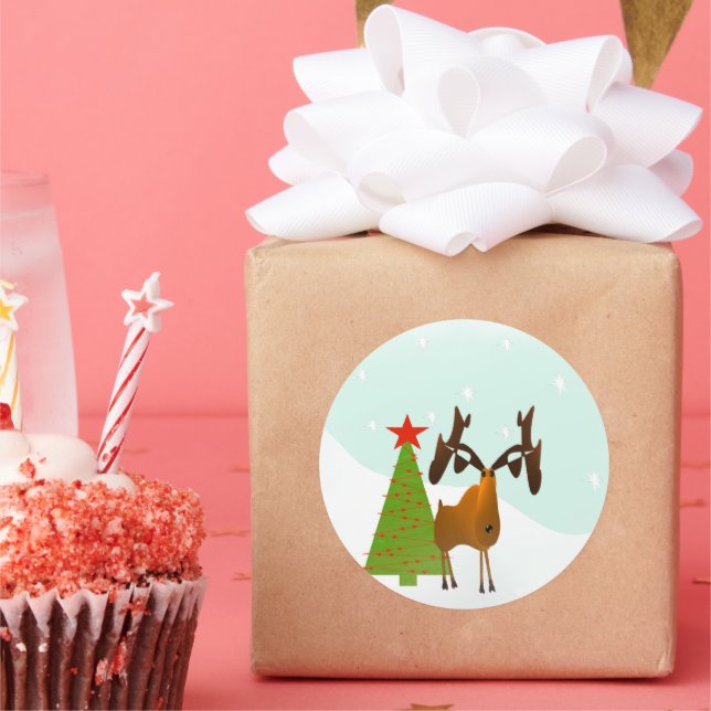 Christmas Moose Elk Holiday Pine Tree Classic Round Sticker (Party)