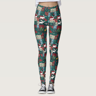 Christmas Moose Floral Holiday Patchwork Leggings