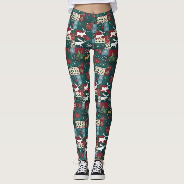 Christmas Moose Floral Holiday Patchwork Leggings (Front)