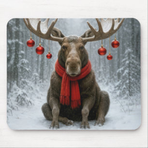 Christmas Moose In a Snowy Forest Mouse Pad