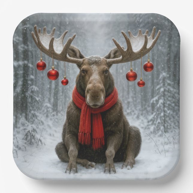 Christmas Moose In a Snowy Forest Paper Plate (Front)
