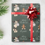 Christmas Moose Merry Christmas Personalised Wrapping Paper<br><div class="desc">This cute Christmas moose wrapping paper will look perfect under your Christmas tree. The design features a cute,  whimsical Christmas moose and gingerbread man cookie on a dark sage green background.  Personalise with your name.</div>