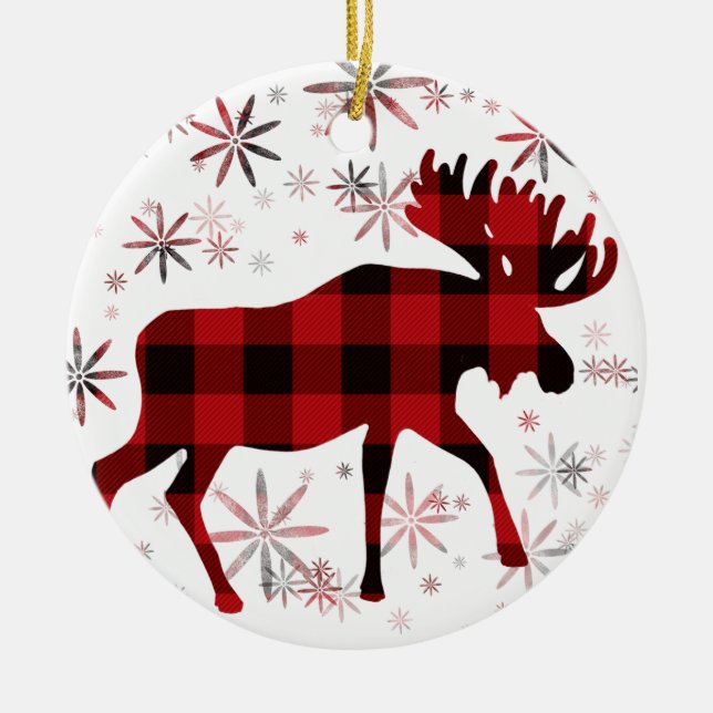 Christmas Moose red plaids snowflakes Ceramic Ornament (Front)